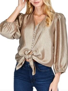 Joy Joy Metallic Taupe Long Sleeve Tie-Front Top